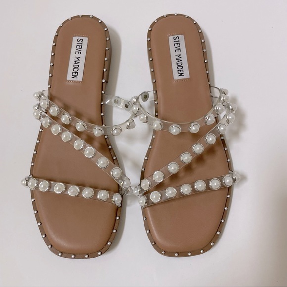 Steve Madden Skyler Studded Pearl Embellished Square Toe Flat Sandals Size 7.5 - Picture 9 of 13